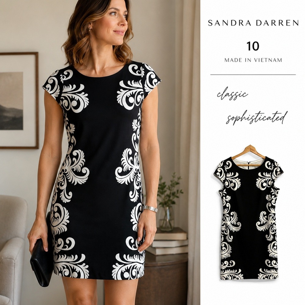 Sandra Darren Sheath Dress Womens 10 Black White Damask Cap Sleeve Jacki O Mod